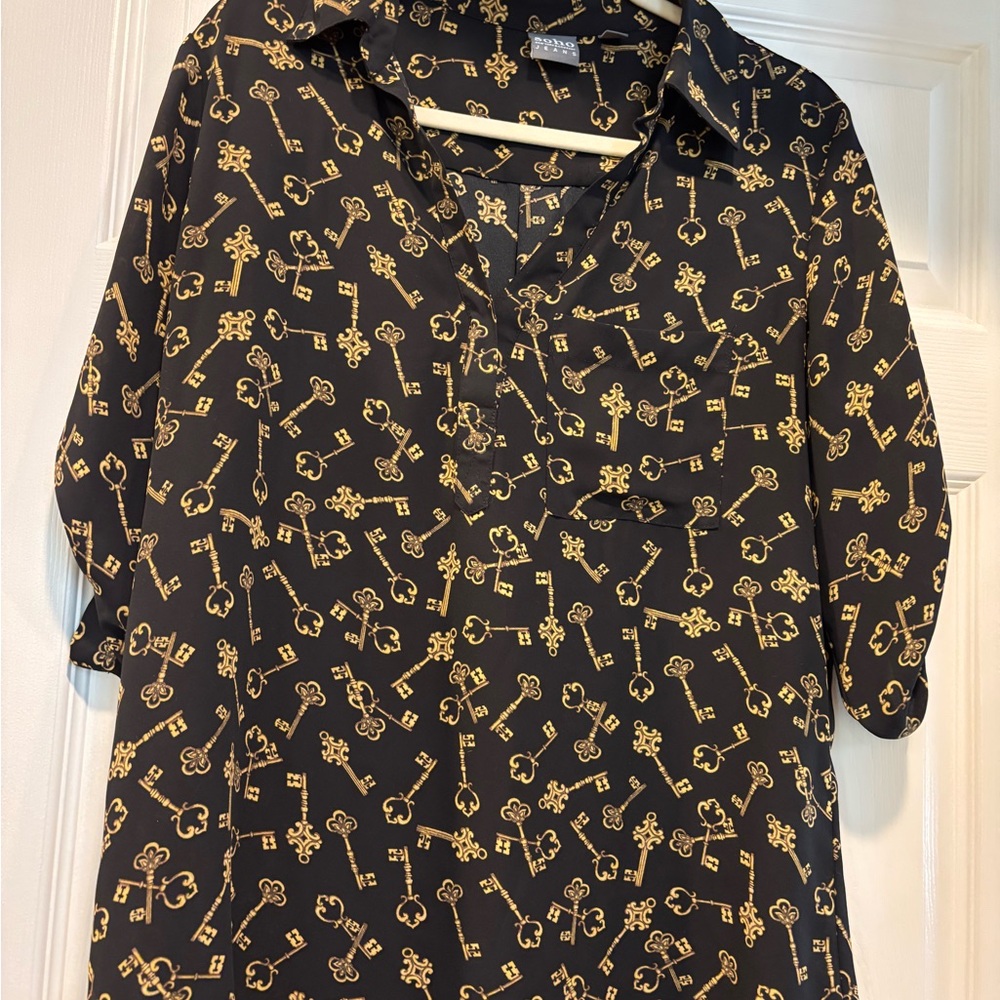 New York & Company Black Blouse with Gold Key Pattern
